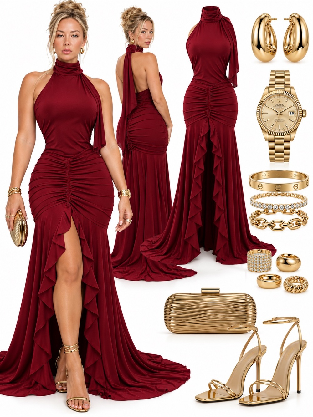Away Burgundy Halter Ruffle-Front Prom Gown